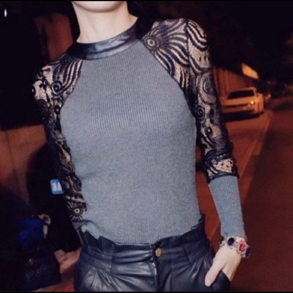 Gray Crochet Long Sleeve Blouse - Picture 1 of 5